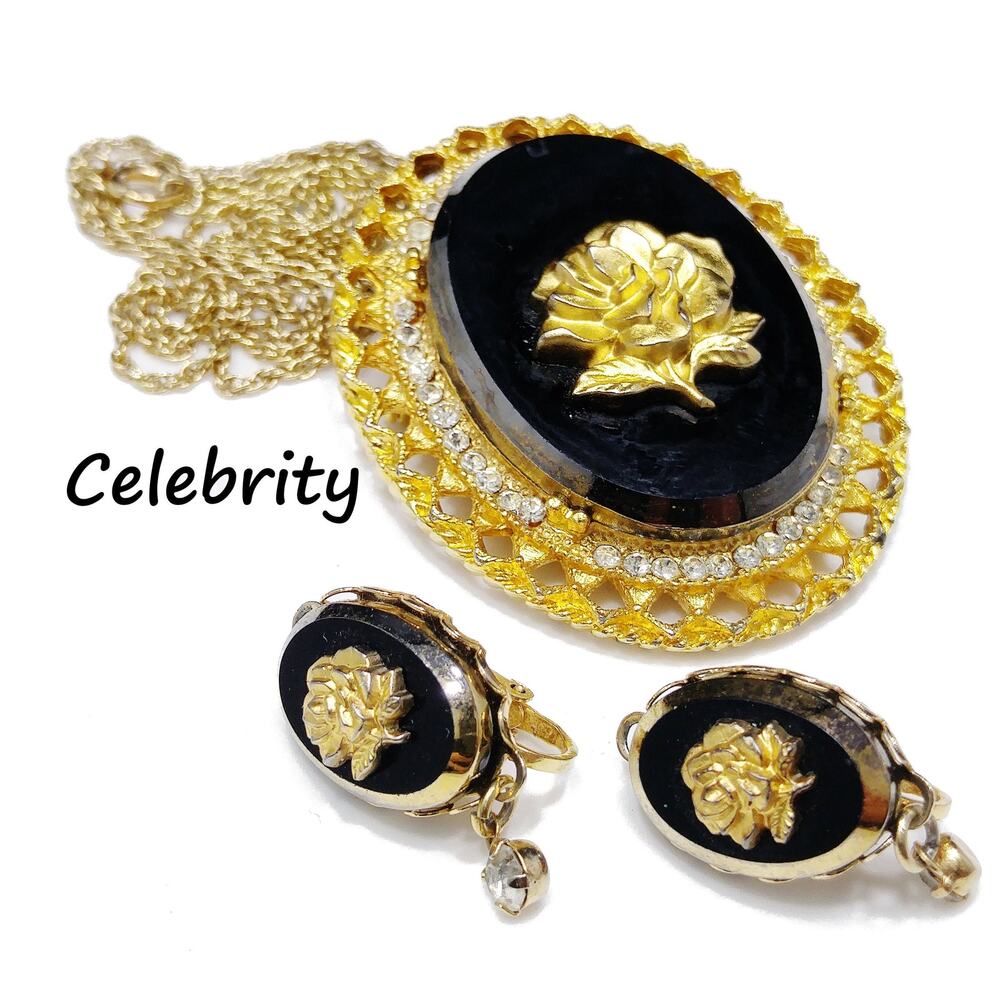 Celebrity Gold Rose Black Glass Brooch & Pendant, Matching Clip Earrings Vintage